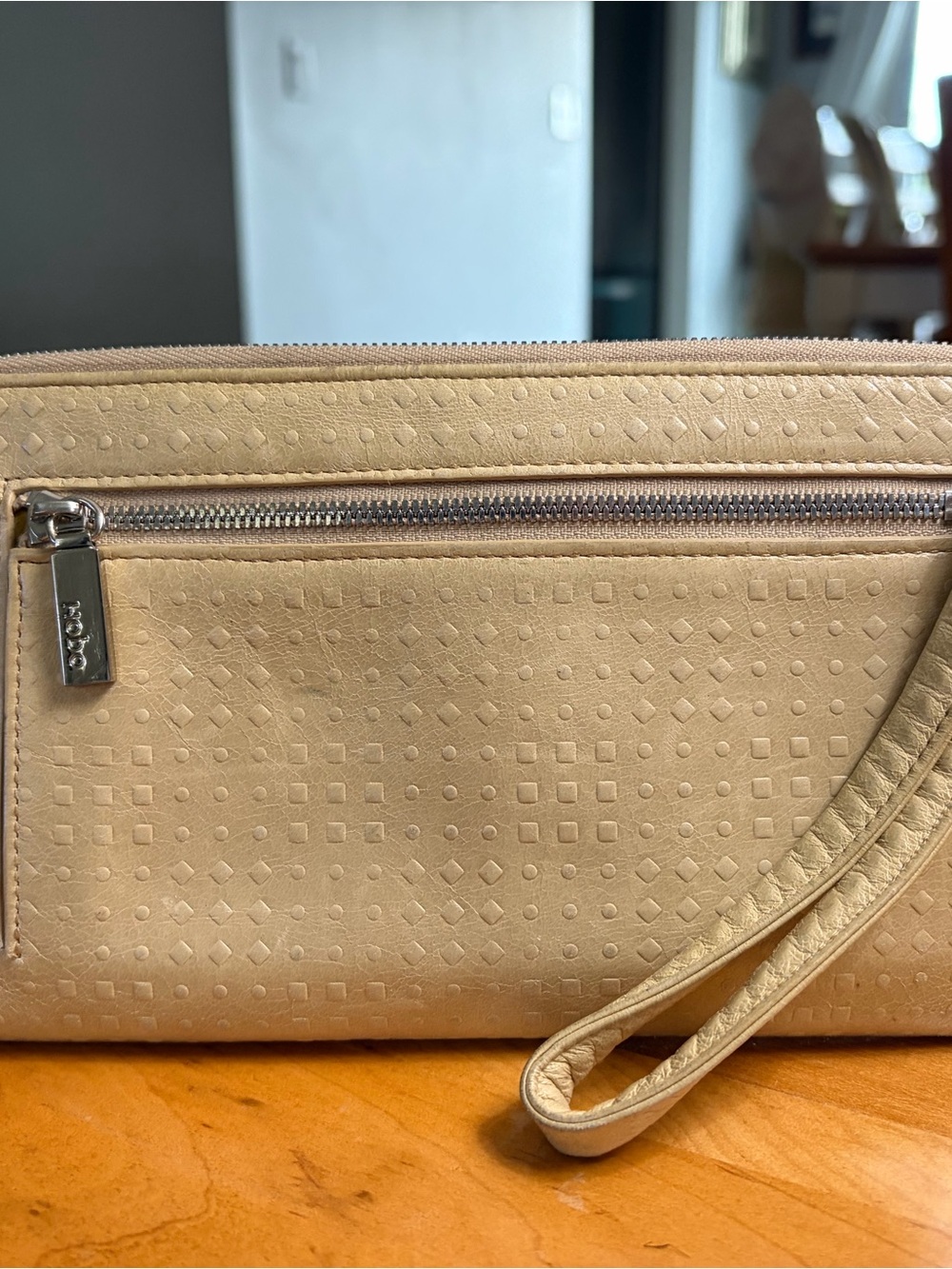 HOBO Embossed Leather Zip Around Wristlet Wallet Tan